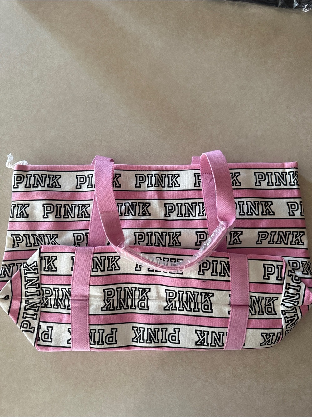 PINK Victoria's Secret Pink and White Logo Stripe Tote